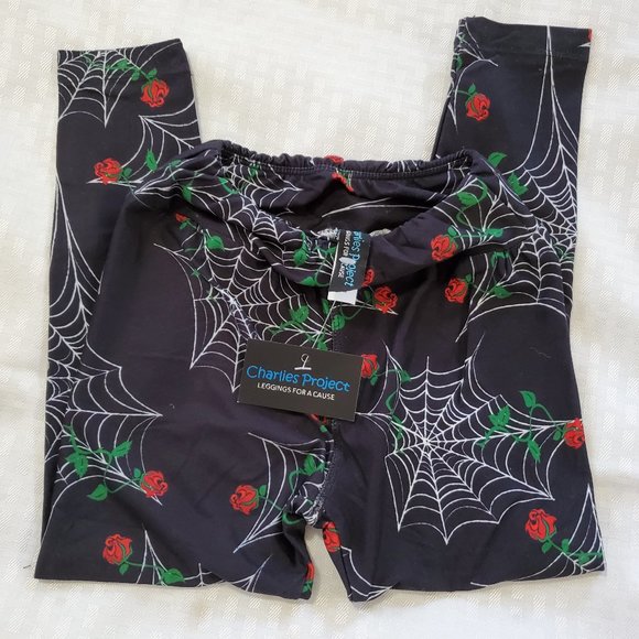 Girls Halloween Spider Web Leggings size S/M Black Red White Green - Picture 3 of 7